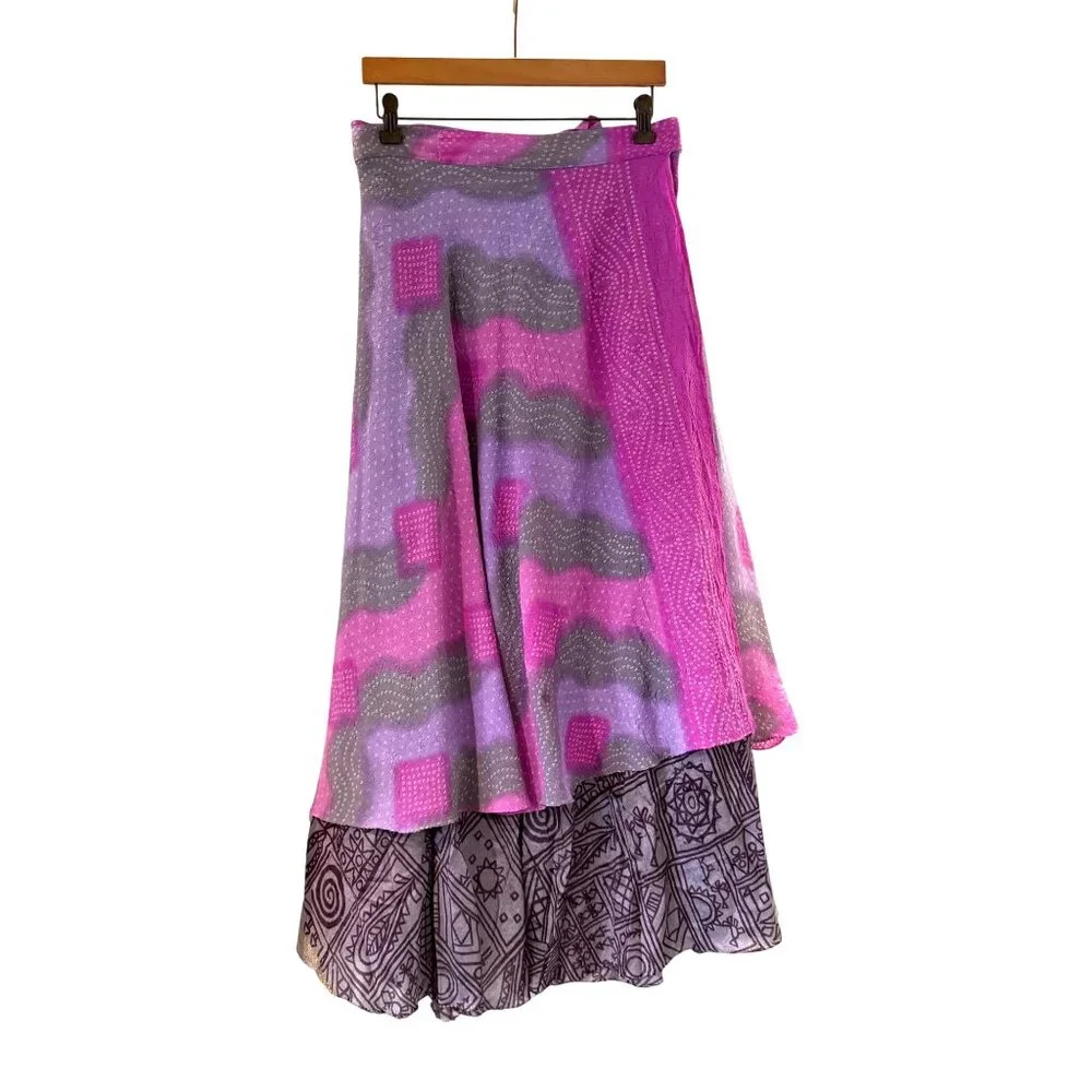 Boho Reversible Wrap Skirt Silk Purple Pink Tie Hippie Indie Fairy Layered - Picture 2 of 12